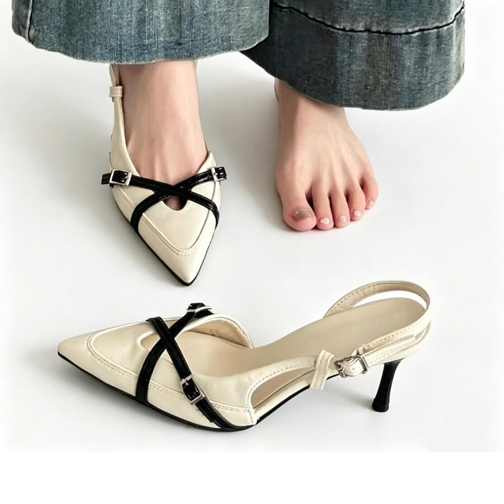 Black and white Patent Leather Criss‑Cross Strap Pointed‑Toe Heels, Back‑Strap Stiletto Sandals for Sexy Elegant Women