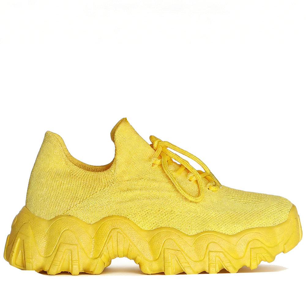 Men's/Women's Yellow Chunky Sneakers. Breathable Knit Upper, Lace-Up Design, Thick Wavy Platform Sole, Casual Fashion Shoes for Street Style and Daily Wear. Non-Slip Sole for Stable Walking.