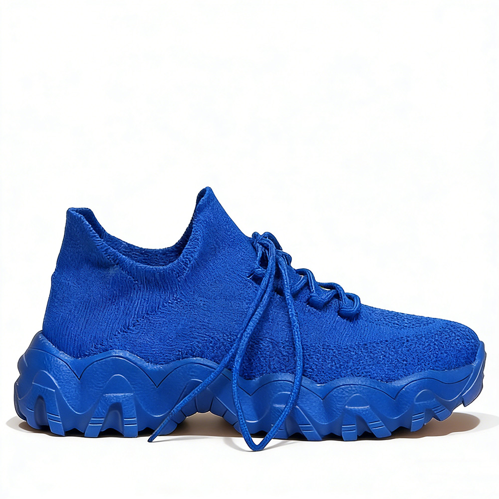 Men's/Women's Royal Blue Chunky Sneakers. Breathable Knit Upper, Lace-Up Design, Thick Wavy Platform Sole, Casual Fashion Shoes for Street Style and Daily Wear. Non-Slip Sole for Stable Walking.