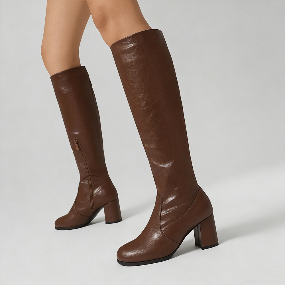 Women's Brown Knee-High Block Heel Boots. Round Toe Design, Premium Textured Faux Leather Upper, Comfortable Medium Heel, Versatile Dress Boots for Office, Evening Events and Daily Wear. Non-Slip Sole for Stable Walking.