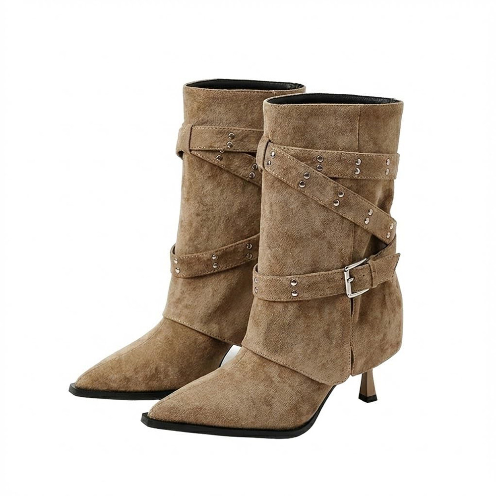 Women's Tan Mid-Calf Foldover Boots. Pointed Toe Design, Suede Upper, Studded & Buckle Strap Decor, Slender Stiletto Heel, Versatile Western Style Boots for Daily Wear and Street Fashion. Non-Slip Sole for Stable Walking.