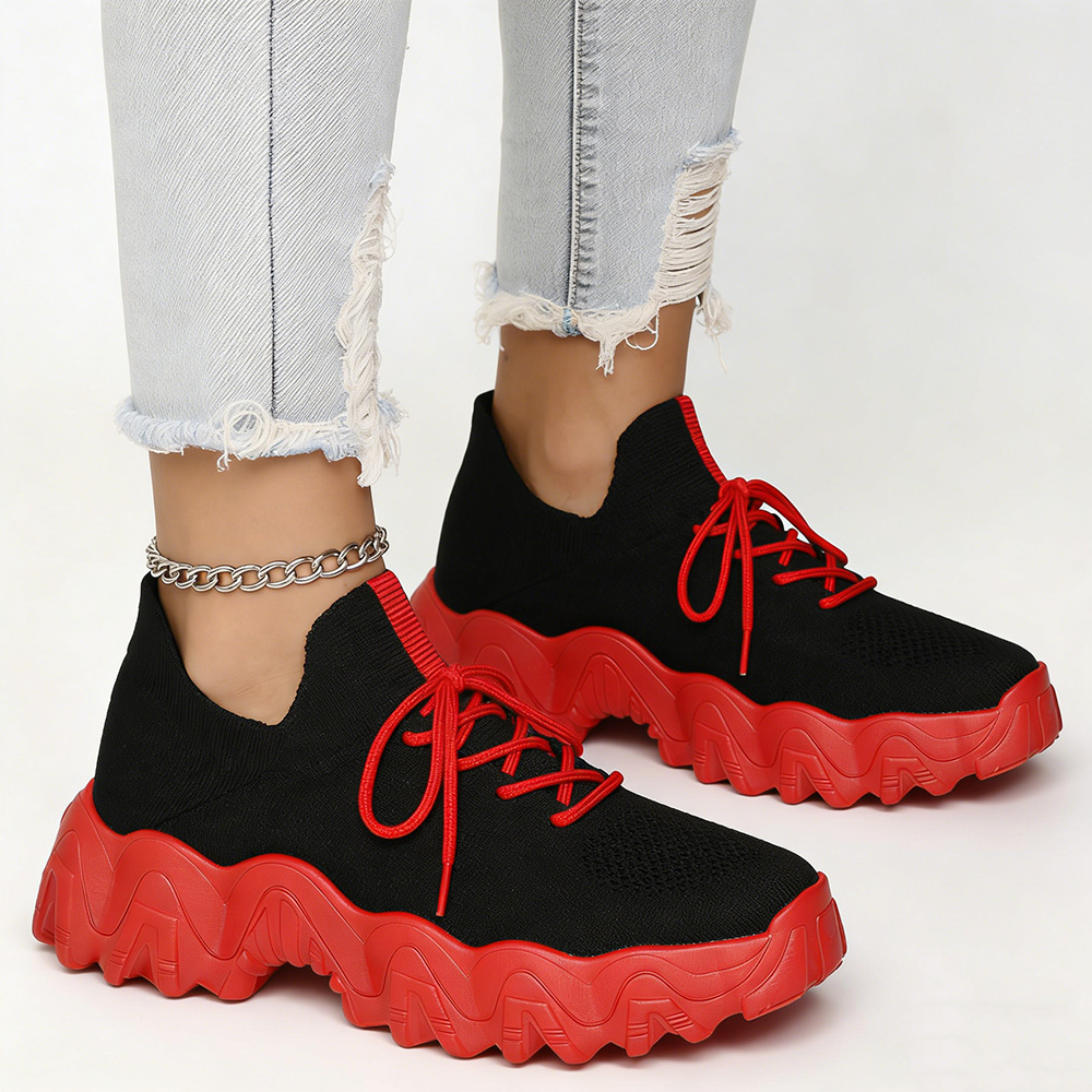 Men's/Women's Black & Red Chunky Sneakers. Breathable Knit Upper, Red Lace-Up Design, Thick Wavy Platform Sole, Casual Fashion Shoes for Street Style and Daily Wear. Non-Slip Sole for Stable Walking.