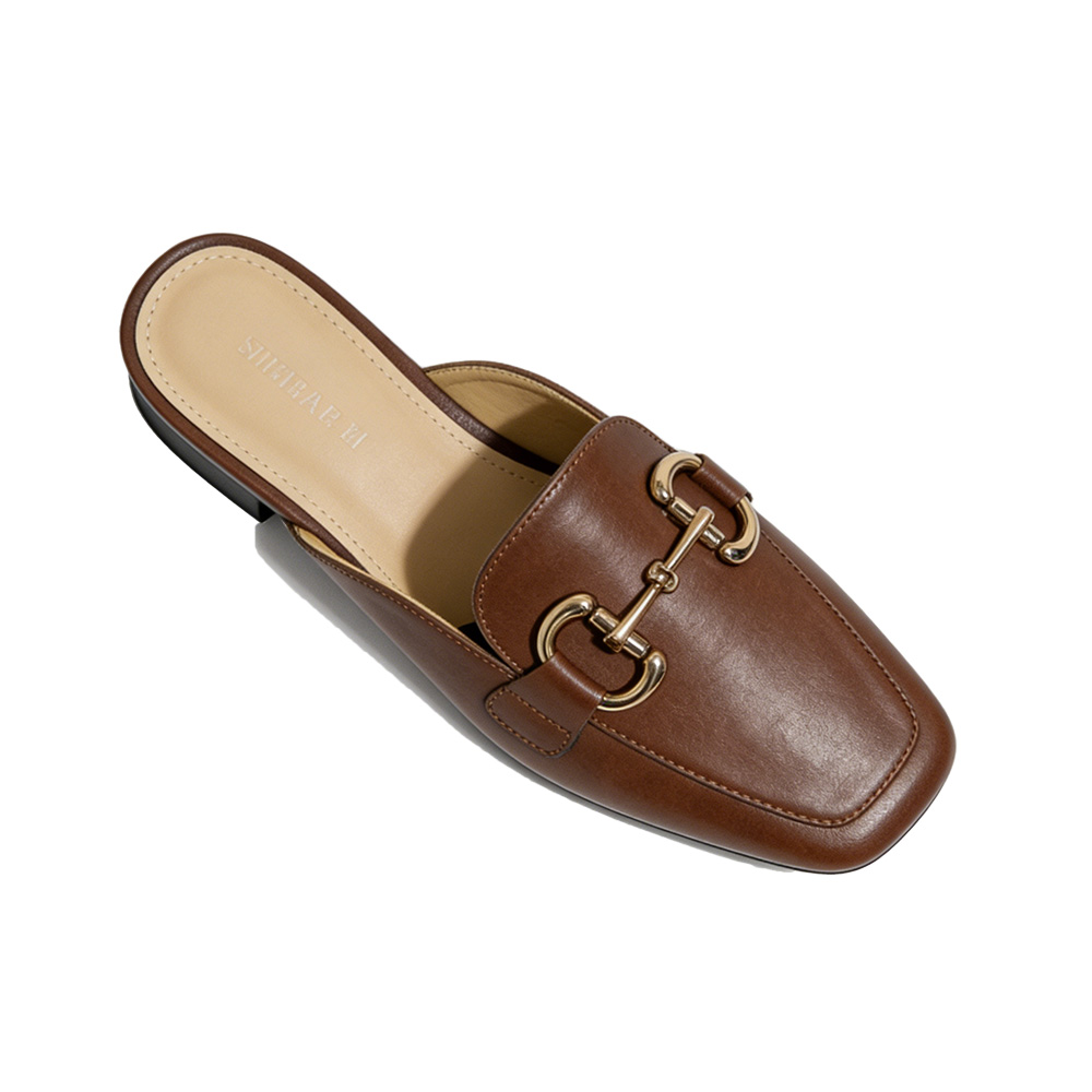 Women's Brown Backless Mules. Square Toe Design, Metal Horsebit Decor, 2.5cm Low Block Heel, Premium Faux Leather Upper, Comfortable Insole, Versatile Slip-On Shoes for Office, Daily Wear and Casual Outings. Non-Slip Sole for Stable Walking.
