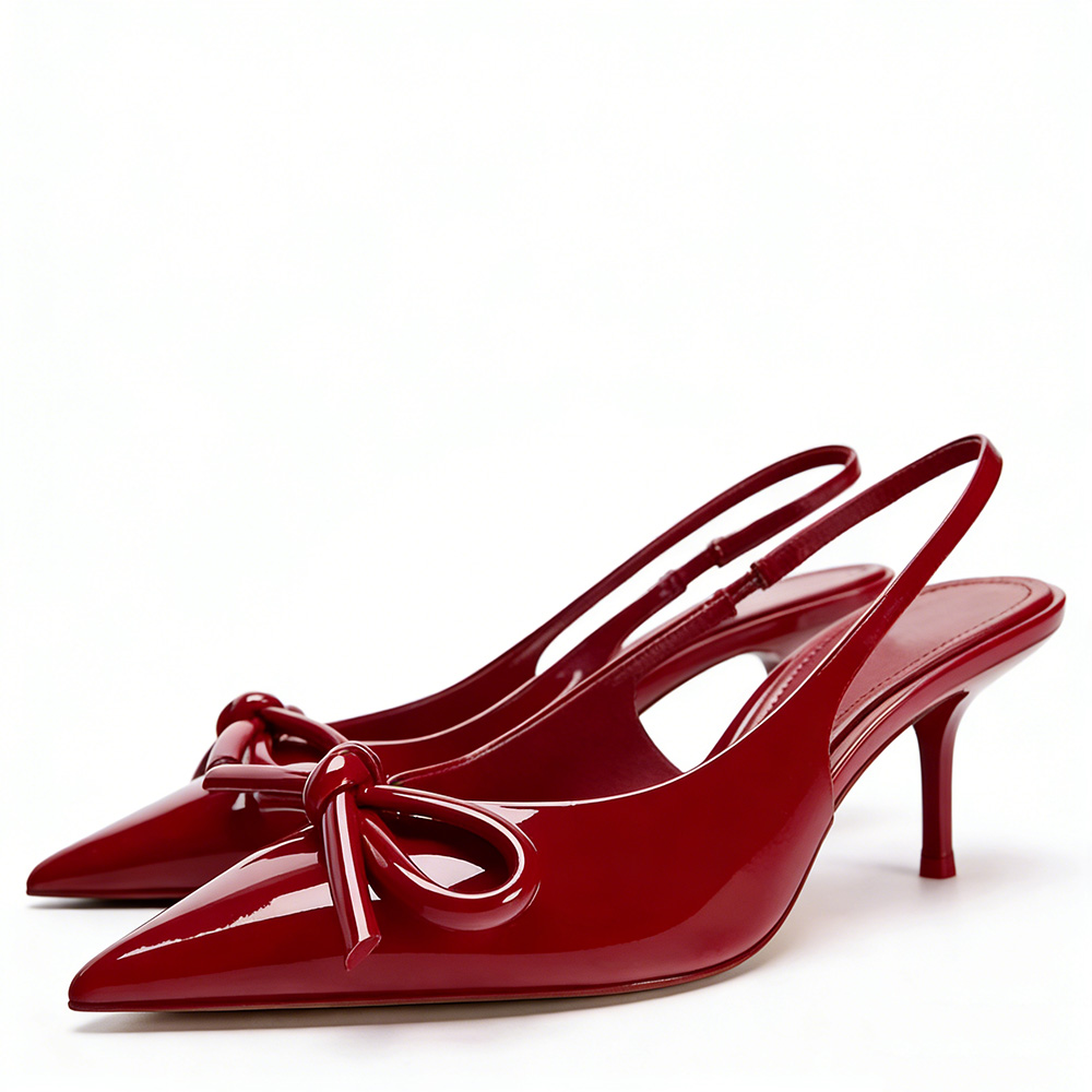 Women's Burgundy Slingback Kitten Heels. Pointed Toe Design, Patent Leather Upper, Bow Decor, Low Kitten Heel, Versatile Dress Shoes for Evening Events, Parties and Daily Wear. Non-Slip Sole for Stable Walking.