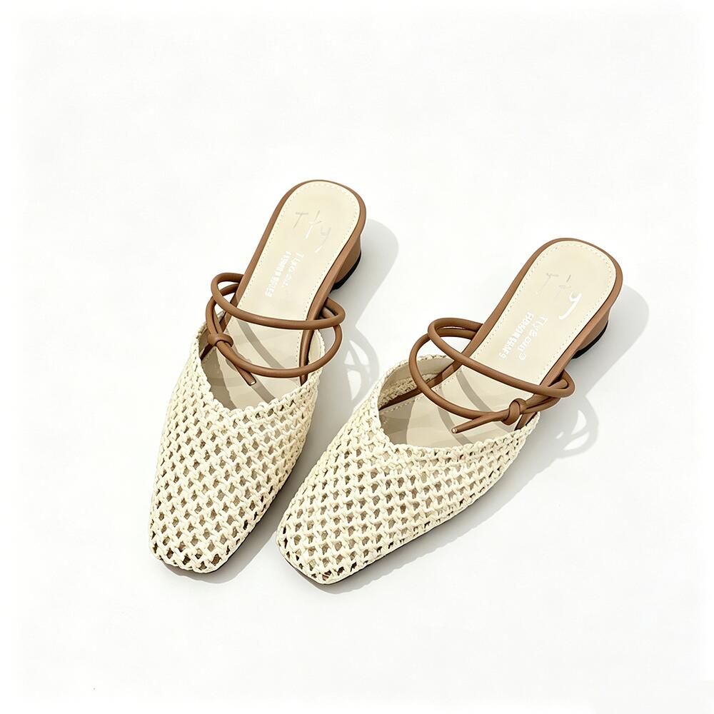French Hollow‑Woven Square‑Toe Slides, Knotted‑Strap Block‑Heel Sandals for Vacation Wear