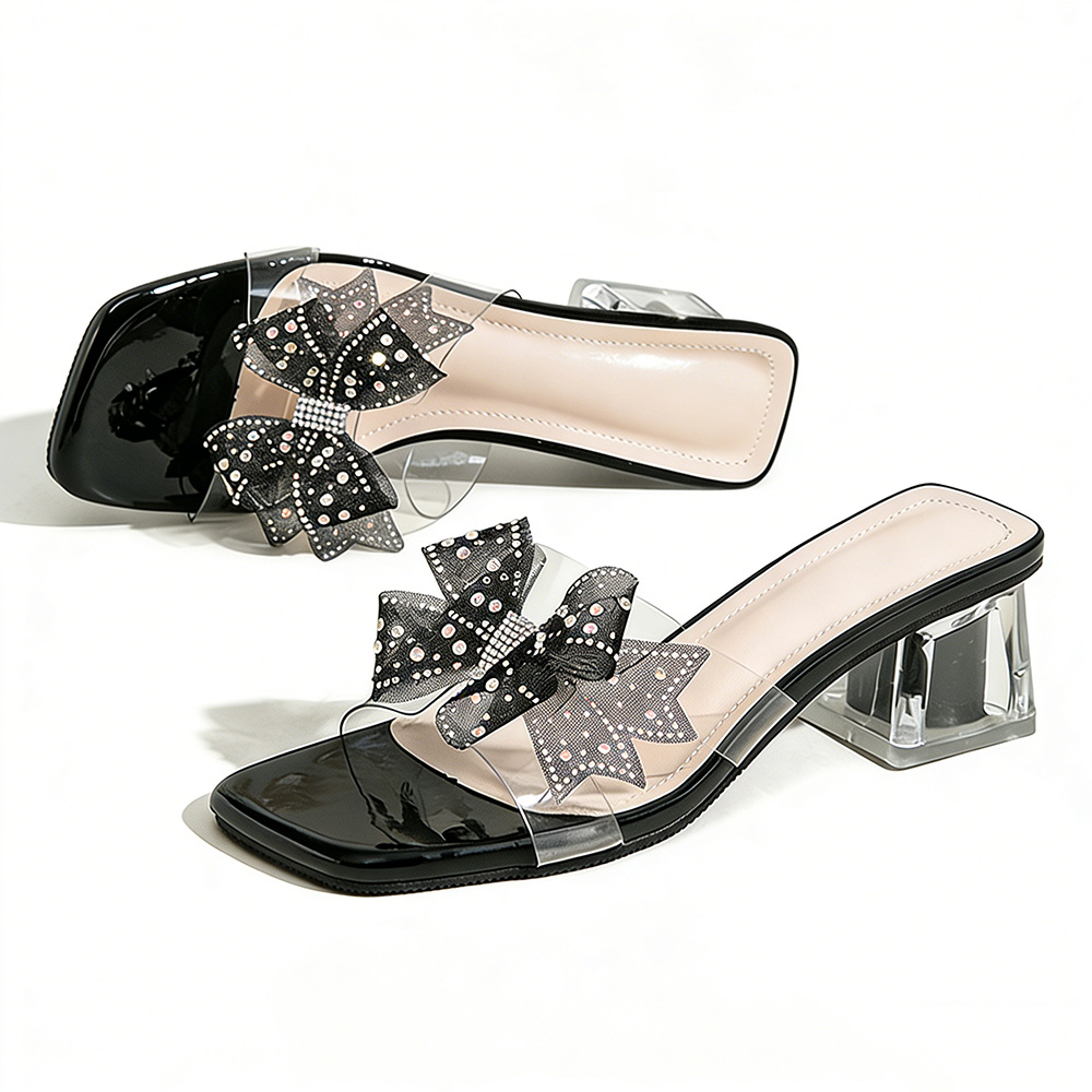 Women's Black Square Toe Mule Sandals. Clear Transparent Strap, Rhinestone Bow Decor, Clear Block Heel, Patent Leather Upper, Comfortable Insole, Versatile Dress Sandals for Evening Events, Parties and Daily Wear. Non-Slip Sole for Stable Walking.