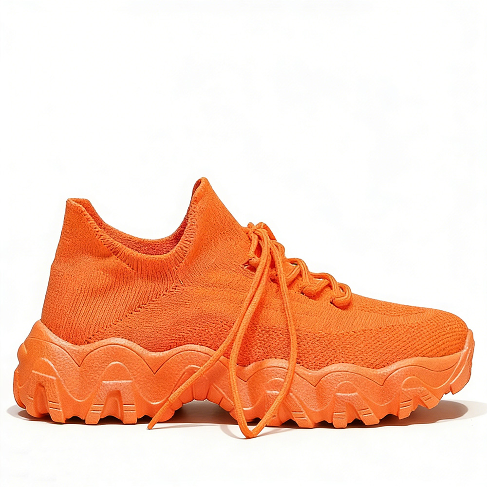 Men's/Women's Orange Chunky Sneakers. Breathable Knit Upper, Lace-Up Design, Thick Wavy Platform Sole, Casual Fashion Shoes for Street Style and Daily Wear. Non-Slip Sole for Stable Walking.