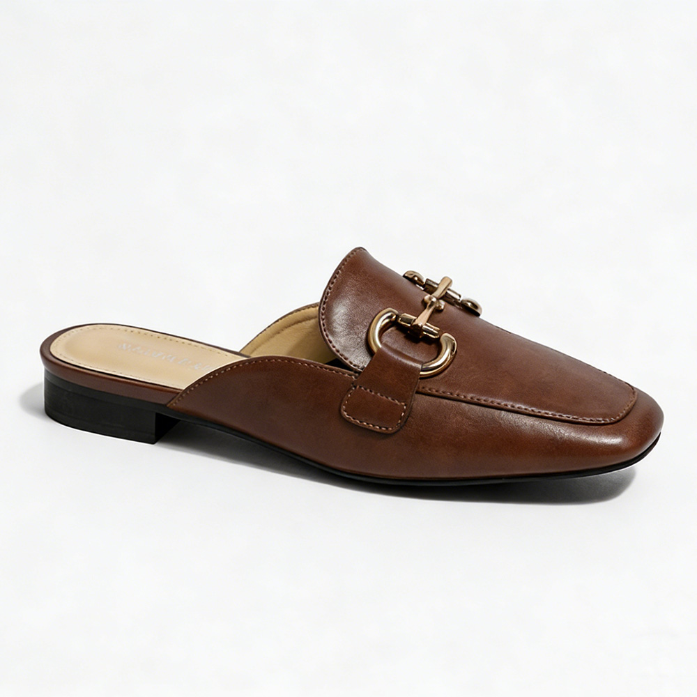 Women's Brown Backless Mules. Square Toe Design, Metal Horsebit Decor, 2.5cm Low Block Heel, Premium Faux Leather Upper, Comfortable Insole, Versatile Slip-On Shoes for Office, Daily Wear and Casual Outings. Non-Slip Sole for Stable Walking.
