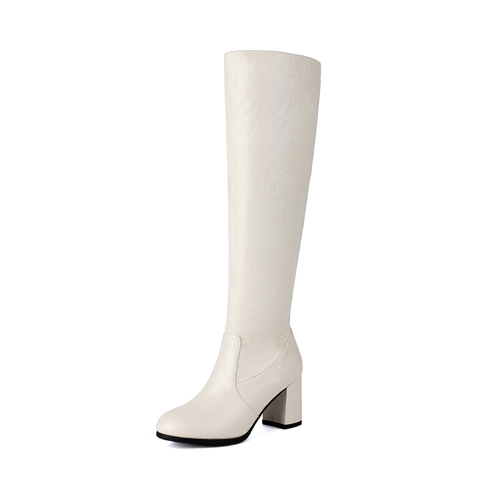Women's Beige Knee-High Block Heel Boots. Round Toe Design, Premium Textured Faux Leather Upper, Comfortable Medium Heel, Versatile Dress Boots for Office, Evening Events and Daily Wear. Non-Slip Sole for Stable Walking.