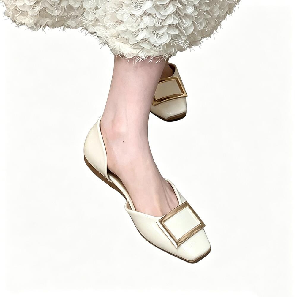 French Metal Square Buckle Hollow Flat Shoes, Elegant Square Toe Slip‑on Commuter Women's Shoes