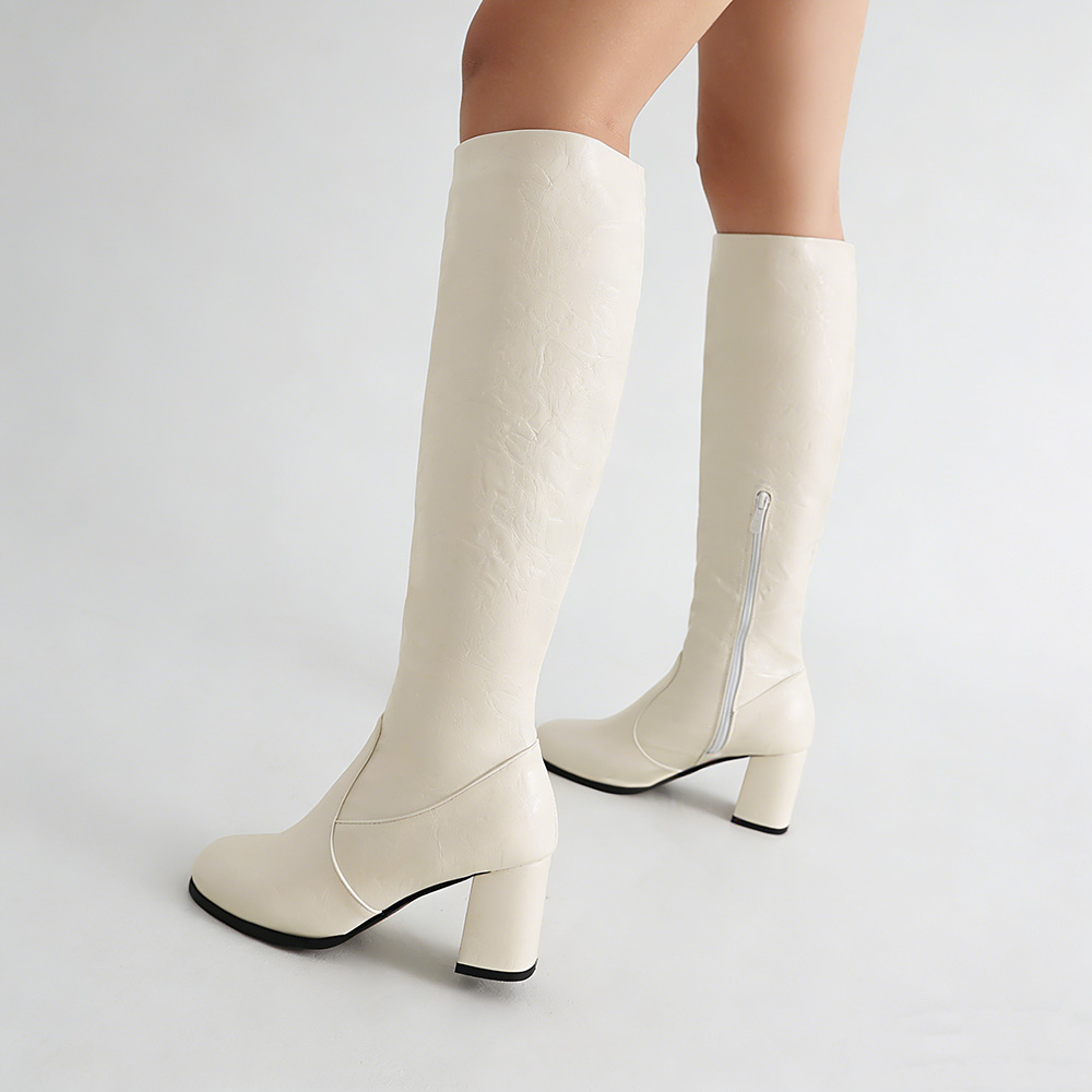 Women's Beige Knee-High Block Heel Boots. Round Toe Design, Premium Textured Faux Leather Upper, Comfortable Medium Heel, Versatile Dress Boots for Office, Evening Events and Daily Wear. Non-Slip Sole for Stable Walking.
