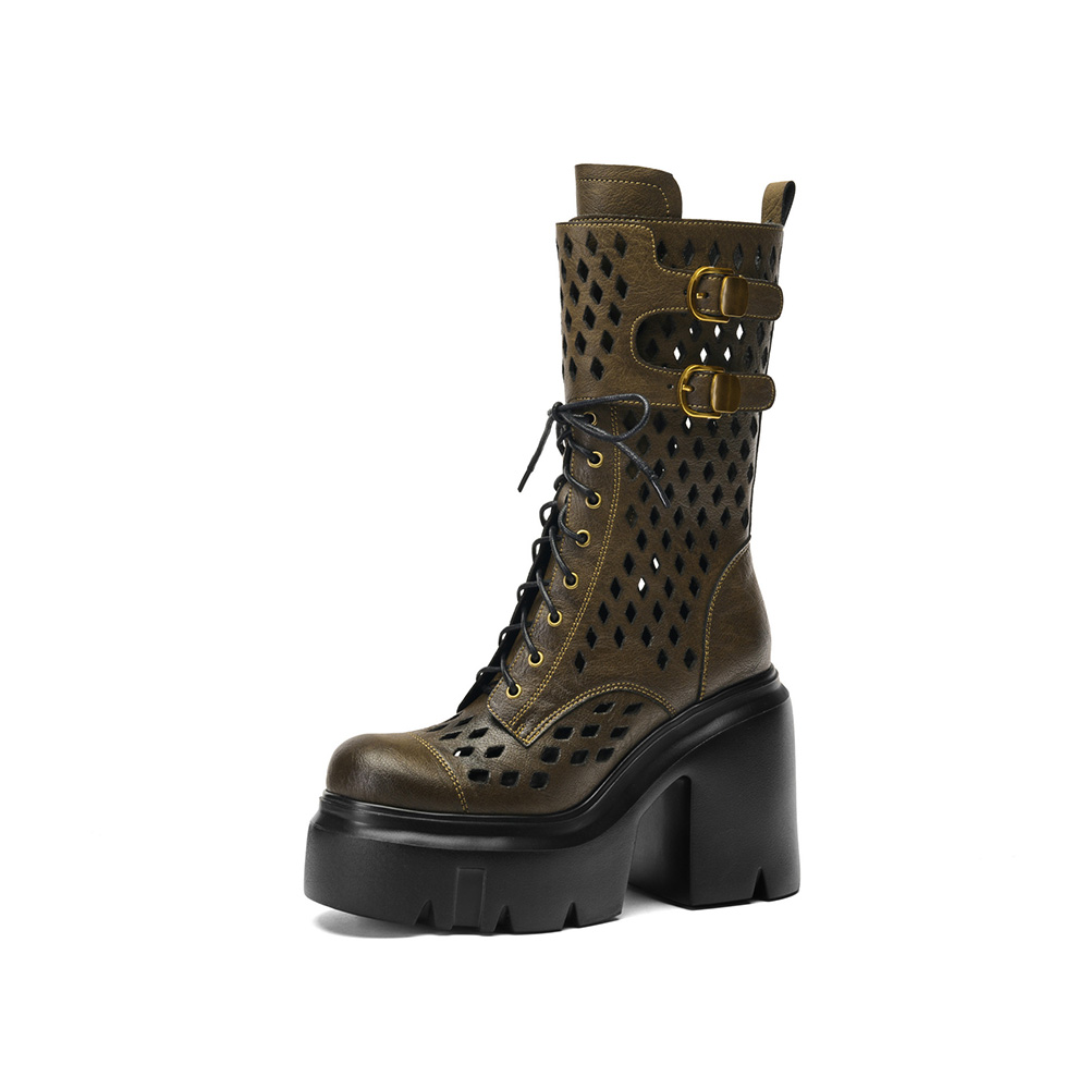 Women's Olive Green Mid-Calf Platform Combat Boots. Perforated Cutout Design, Lace-Up & Dual Buckle Strap Decor, Chunky Block Heel, Textured Leather Upper, Punk Style Boots for Daily Wear, Music Festivals and Street Fashion