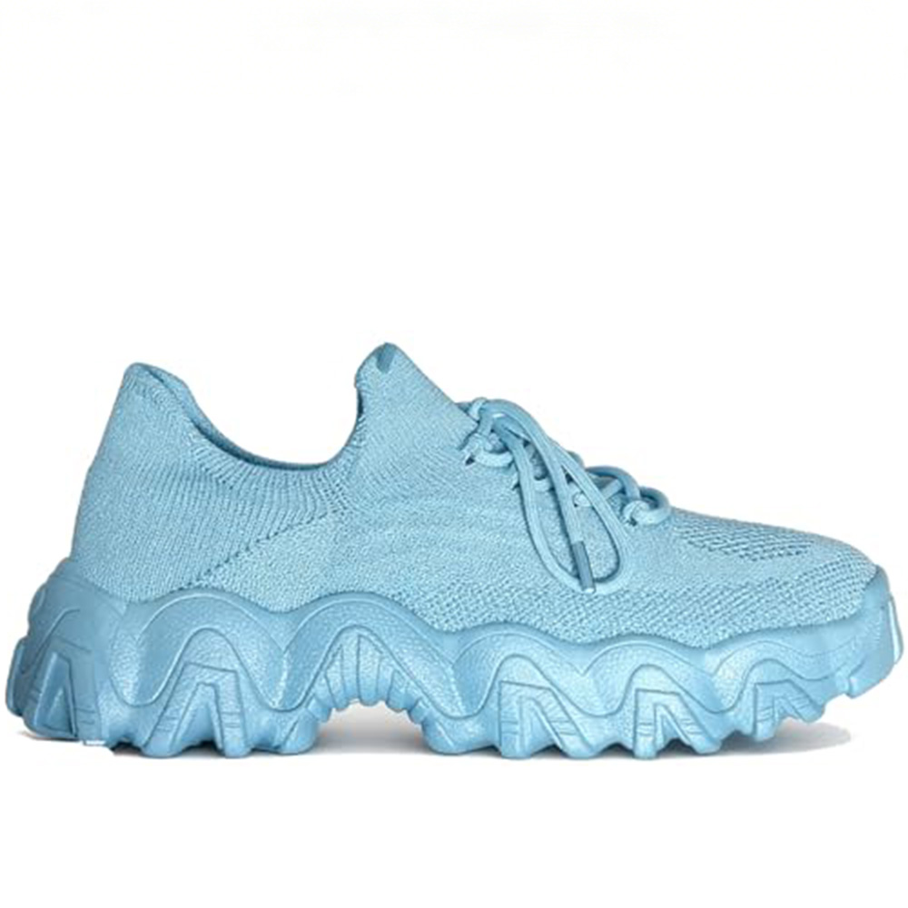 Women's Light Blue Chunky Sneakers. Breathable Knit Upper, Lace-Up Design, Thick Wavy Platform Sole, Casual Fashion Shoes for Street Style and Daily Wear. Non-Slip Sole for Stable Walking.