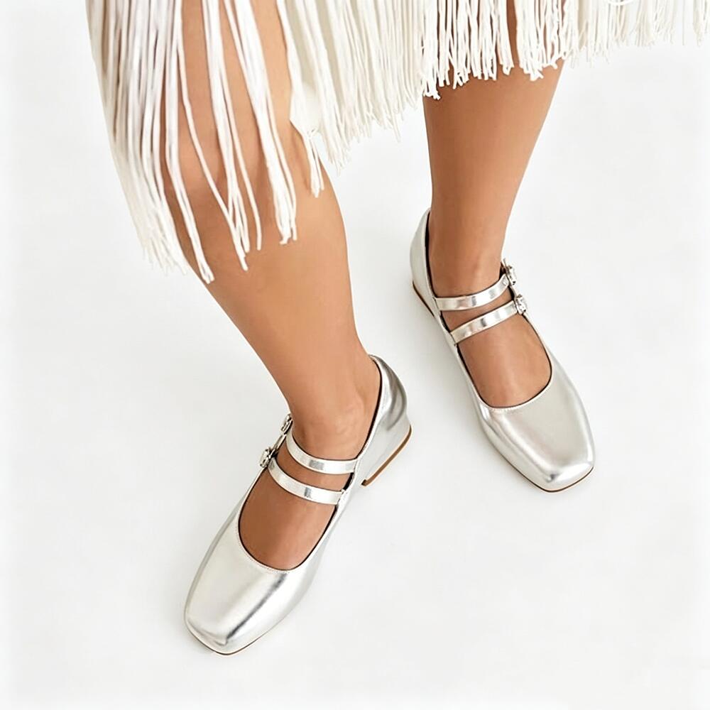 Korean Style Shiny Silver Mary Jane Flats, Versatile Square Toe Low Heel Ballet Shoes for Daily & Dating