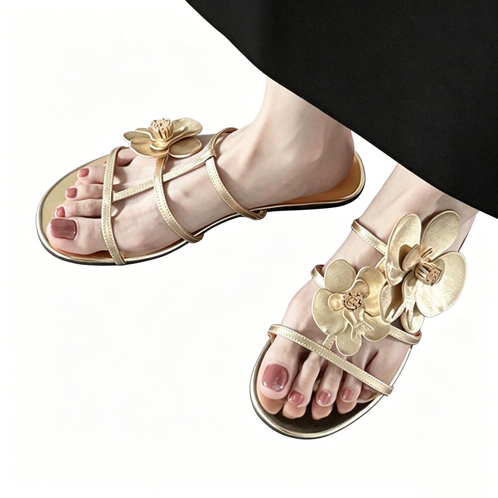 French 3D‑Floral One‑Strap Slides, Gold Square‑Toe Flat Sandals for Vacation & Elegant Wear
