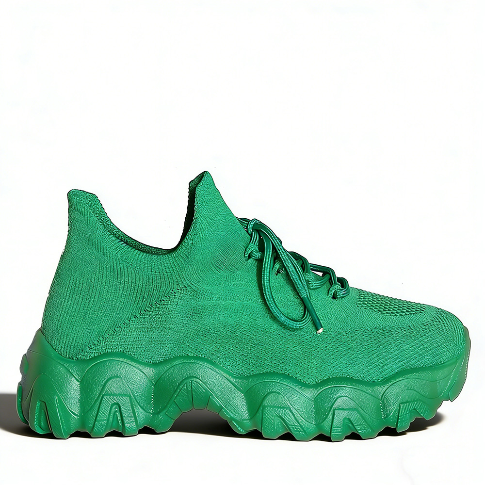 Men's/Women's Green Chunky Sneakers. Breathable Knit Upper, Lace-Up Design, Thick Wavy Platform Sole, Casual Fashion Shoes for Street Style and Daily Wear. Non-Slip Sole for Stable Walking.