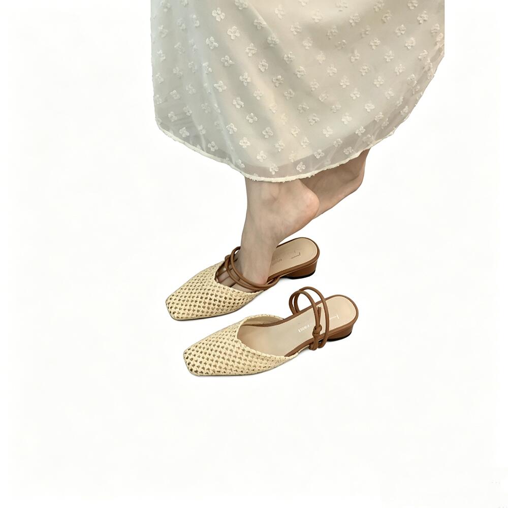 French Hollow‑Woven Square‑Toe Slides, Knotted‑Strap Block‑Heel Sandals for Vacation Wear