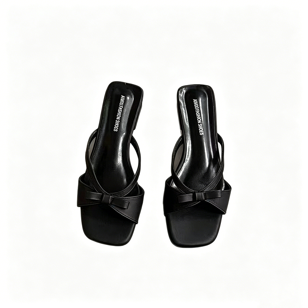 French Cross‑Strap Bow Slides, Square‑Toe Flat Sandals for Women's Casual Outdoor Wear
