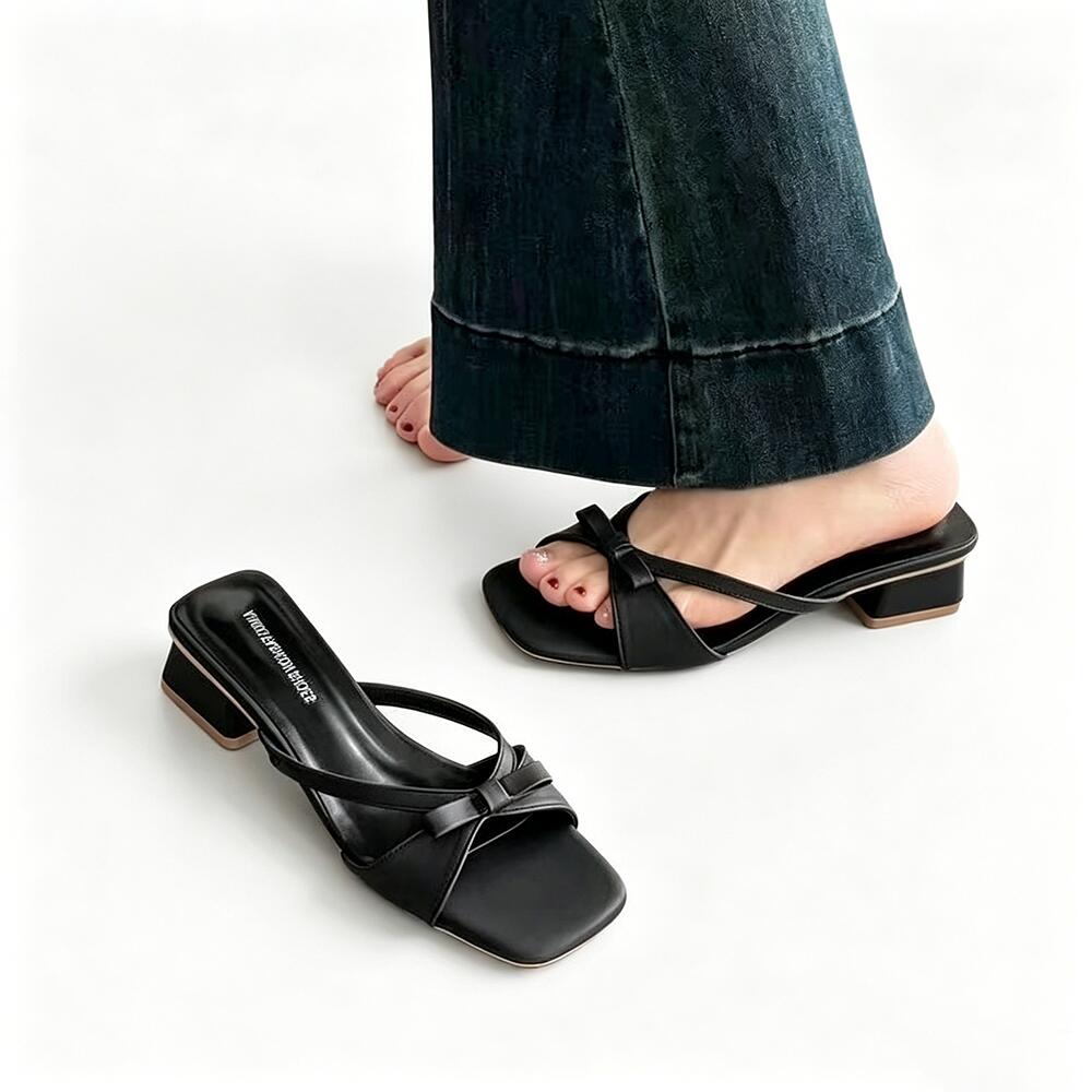 French Cross‑Strap Bow Slides, Square‑Toe Flat Sandals for Women's Casual Outdoor Wear