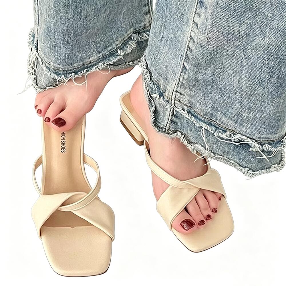 French Twisted Square‑Toe Block‑Heel Slides, One‑Strap Casual Sandals for Women's Outdoor Wear