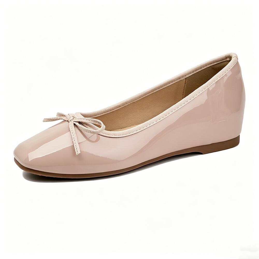 Gentle wind pink patent leather wedge toe ballet flats for women, square head bowknot, versatile and comfortable, suitable for daily commuting.