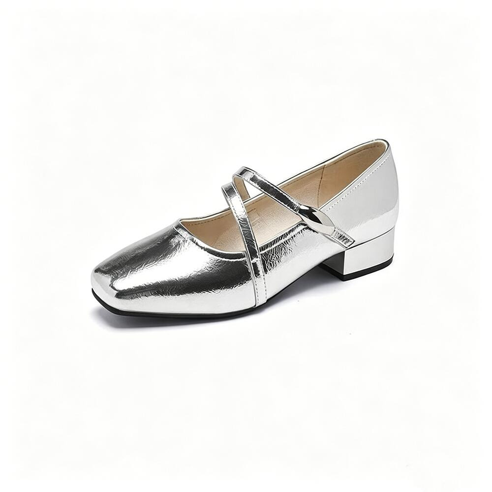 Korean Style Shiny Silver Mary Jane Flats, Versatile Square Toe Low Heel Ballet Shoes for Daily & Dating