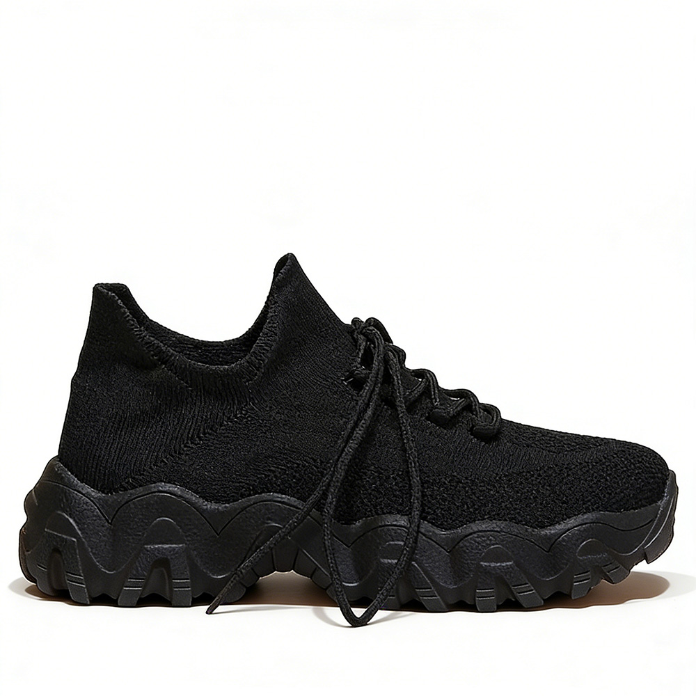 Men's/Women's Black Chunky Sneakers. Breathable Knit Upper, Lace-Up Design, Thick Wavy Platform Sole, Casual Fashion Shoes for Street Style and Daily Wear. Non-Slip Sole for Stable Walking.