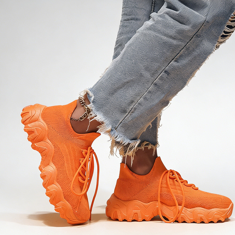 Men's/Women's Orange Chunky Sneakers. Breathable Knit Upper, Lace-Up Design, Thick Wavy Platform Sole, Casual Fashion Shoes for Street Style and Daily Wear. Non-Slip Sole for Stable Walking.