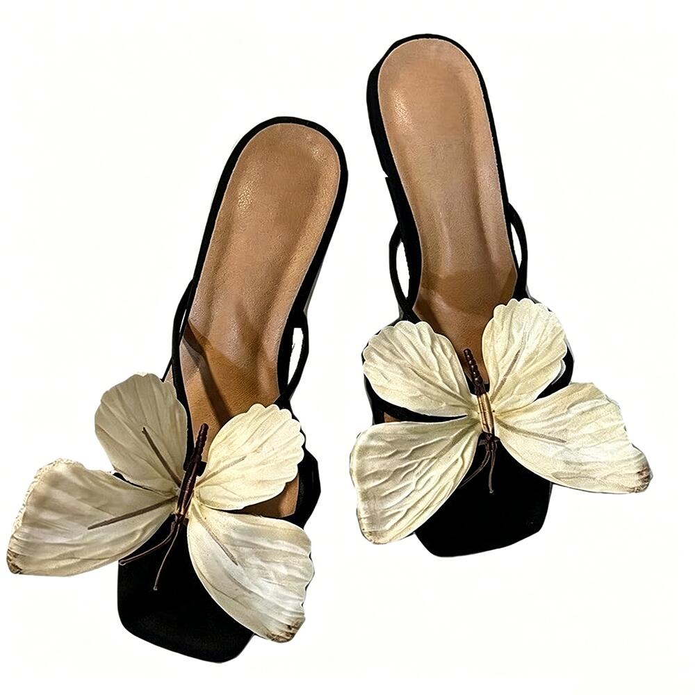 French 3D‑Big‑Butterfly Square‑Toe Slides, Black Thin‑Strap Flat Sandals for Vacation Wear