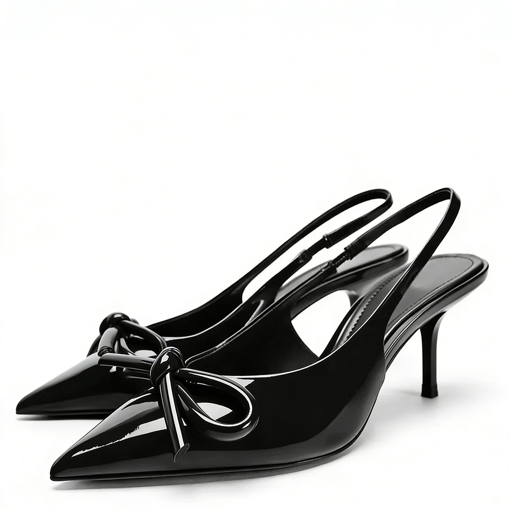 Women's Black Slingback Kitten Heels. Pointed Toe Design, Patent Leather Upper, Bow Decor, Low Kitten Heel, Versatile Dress Shoes for Evening Events, Parties and Daily Wear. Non-Slip Sole for Stable Walking.