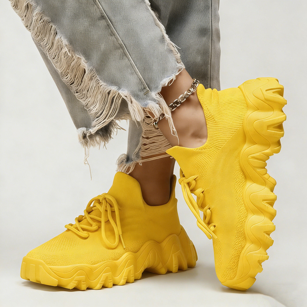 Men's/Women's Yellow Chunky Sneakers. Breathable Knit Upper, Lace-Up Design, Thick Wavy Platform Sole, Casual Fashion Shoes for Street Style and Daily Wear. Non-Slip Sole for Stable Walking.