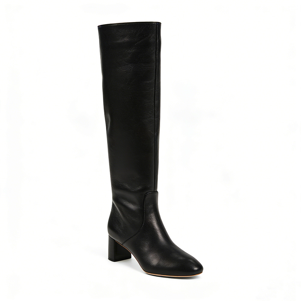 Women's Black Leather Knee-High Block Heel Boots. Elegant Square Toe Design, Premium Soft Leather Upper, Comfortable Medium Heel, Versatile Dress Boots for Office, Evening Events and Daily Wear. Non-Slip Sole for Stable Walking.
