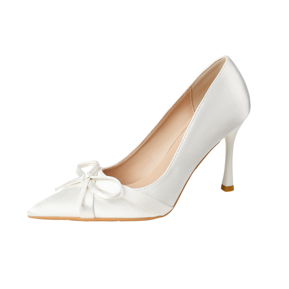 Women's Ivory Pointed Toe Kitten Heels. Satin Upper, Bow Decor, Low Stiletto Heel, Versatile Dress Shoes for Weddings, Bridal Events and Daily Wear. Non-Slip Sole for Stable Walking.