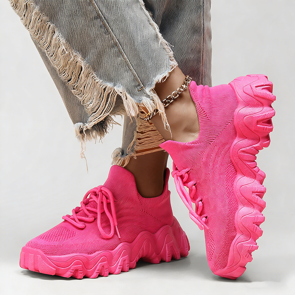 Women's Hot Pink Chunky Sneakers. Breathable Knit Upper, Lace-Up Design, Thick Wavy Platform Sole, Casual Fashion Shoes for Street Style and Daily Wear. Non-Slip Sole for Stable Walking.