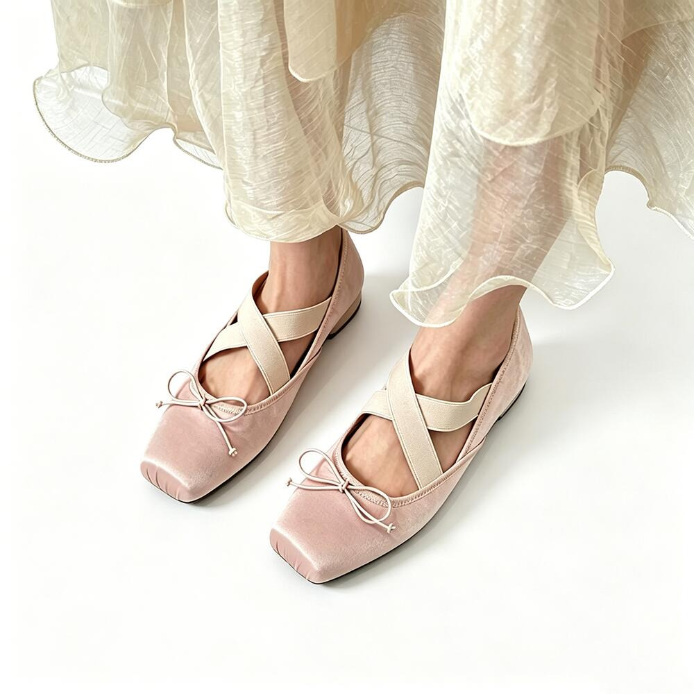 French Cross‑Elastic Strap Ballet‑Style Flats, Square‑Toe Bow Pumps for Gentle Commute Wear